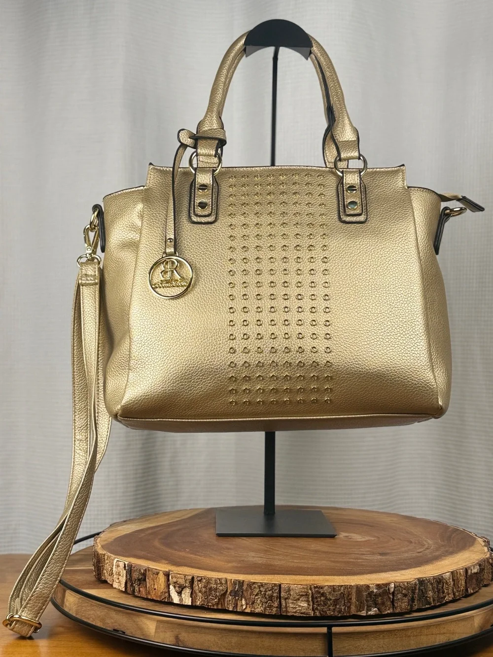 Bella Rose Gold Metallic Grommet Studded Satchel Crossbody Shoulder Tote Bag EUC